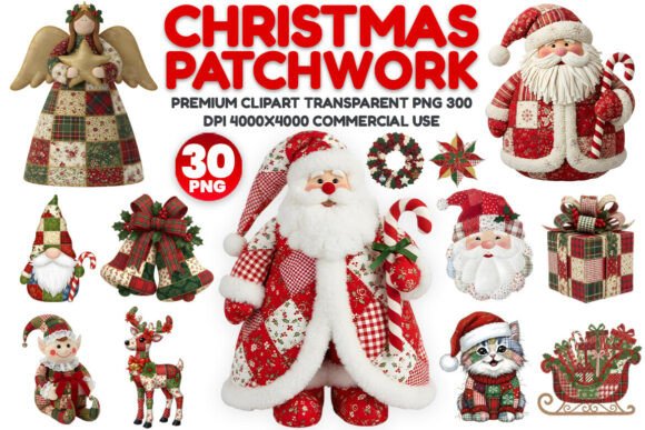 Christmas Patchwork Clipart PNG Bundle: Cozy Illustrations