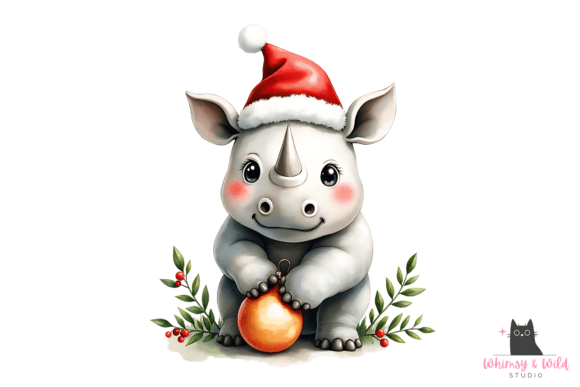 Christmas Rhino Holding Ornament PNG: Illustrations