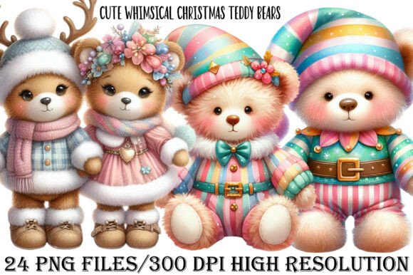 Cute Whimsical Christmas Teddy Bears PNG Illustrations