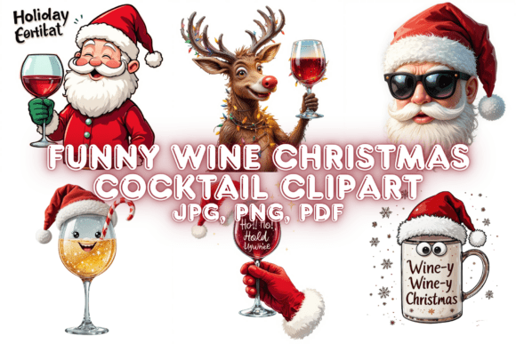 Funny Wine Christmas Cocktail Clipart Illustrations