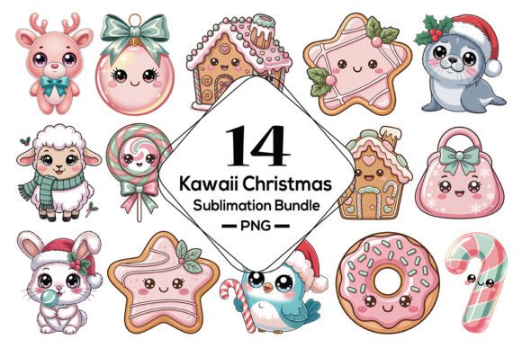 Kawaii Christmas Clipart Bundle PNG Illustrations
