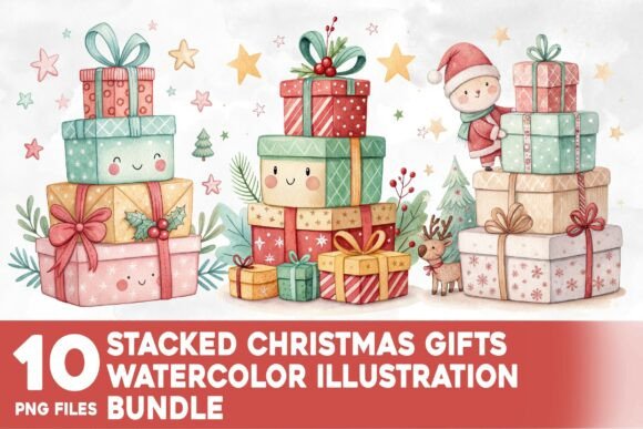 Stacked Christmas Gift Watercolor Bundle: Illustrations