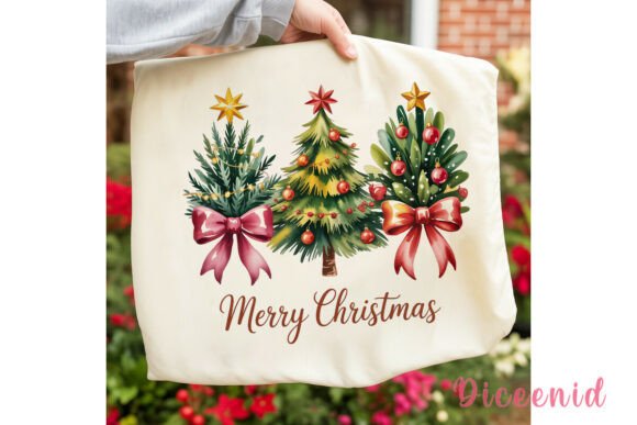 Watercolor Christmas Trees Bows PNG Illustrations
